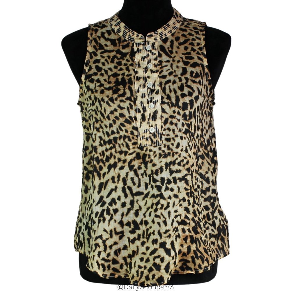 Banana Republic Women's 100% Ramie Leopard Print Embroidered Collar Tank Top